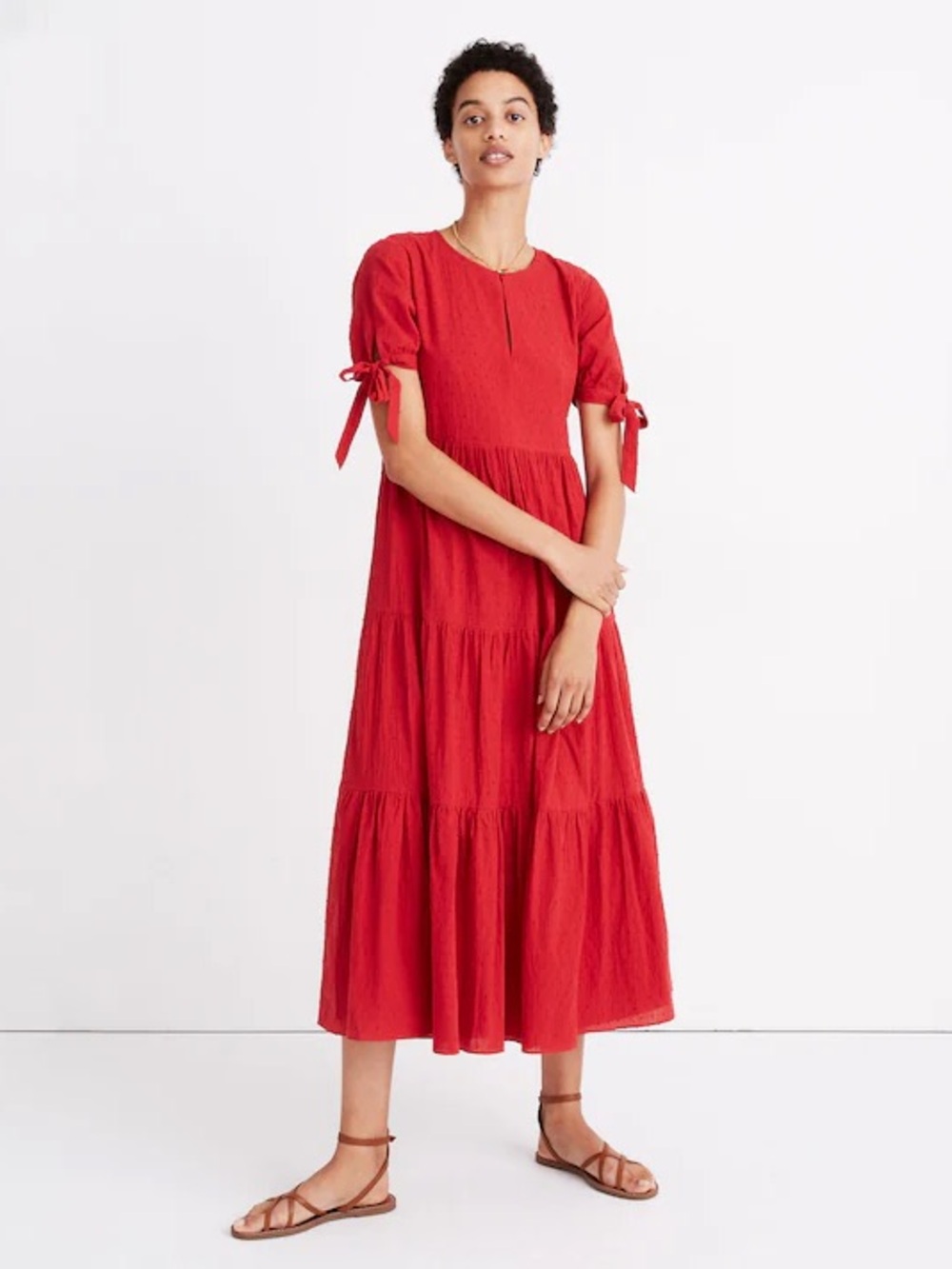 Madewell Red Tiered Midi Dress Swiss Dot Cotton Puff Sleeve Small
